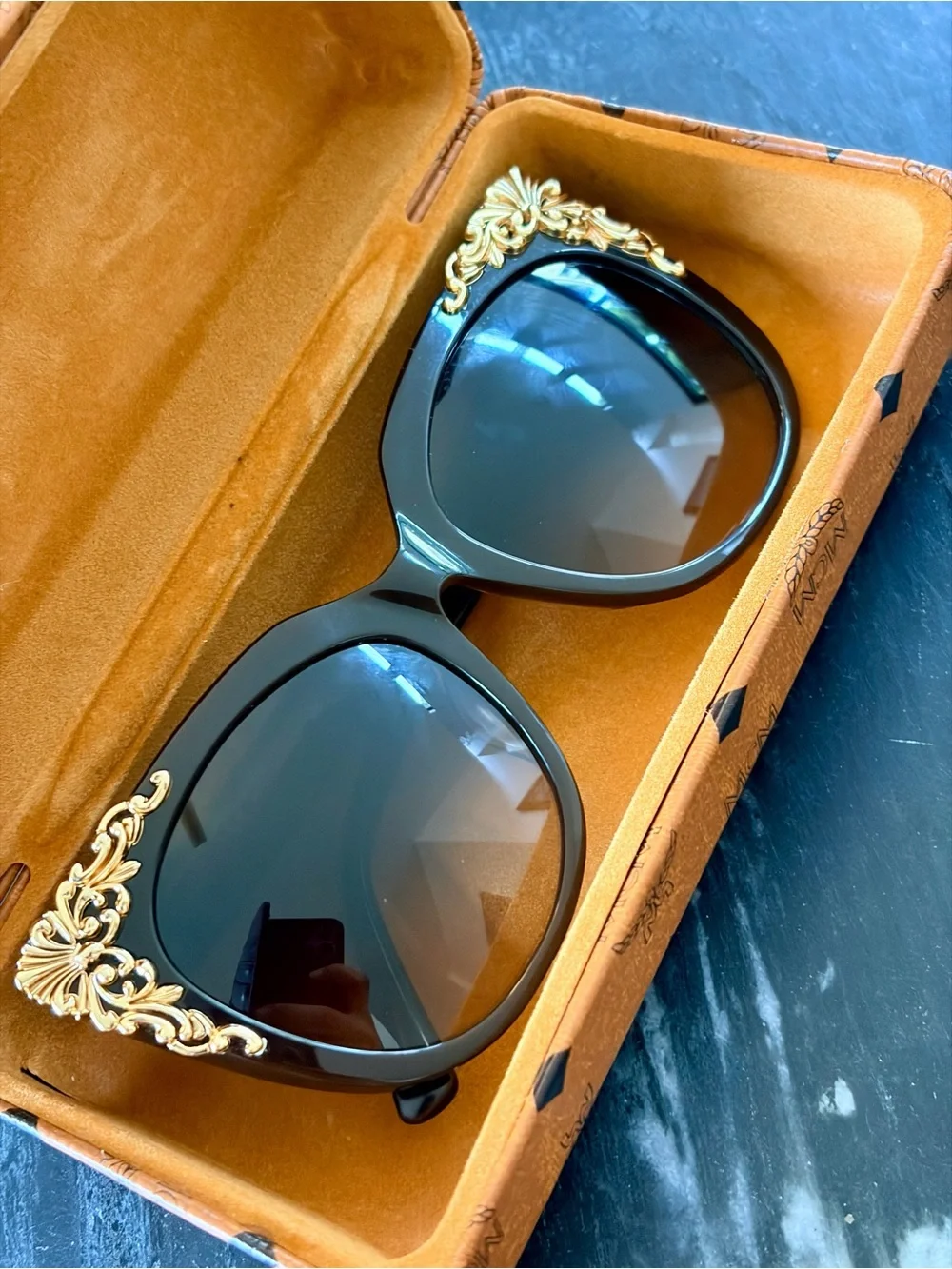 MCM Dark Brown Cat-Eye Sunglasses with Gold Filigree